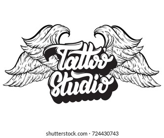 Tattoo Studio. Vector handwritten trendy lettering with hand drawn illustration of wings. Template for card, poster, banner, label, print for t-shirt, logo design.