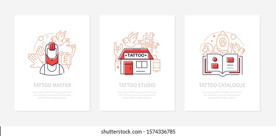 Tattoo studio - vector line design style banners set with place for your text. Master, salon and catalogue linear illustrations with icons isolated on white background. Beauty industry theme