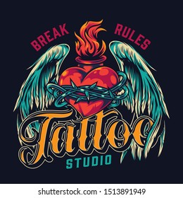 Tattoo studio vintage colorful badge with fiery heart in barbed wire with angel wings isolated vector illustration