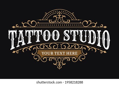 Tattoo studio vintage lettering logo with decorative ornamental frame