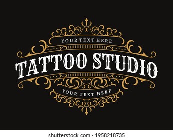 Tattoo studio vintage lettering logo with decorative ornamental frame