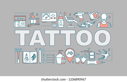 Tattoo studio word concepts banner. Piercing service. Tattoo sketches, instruments, equipment. Isolated lettering typography idea with linear icons. Vector outline illustration