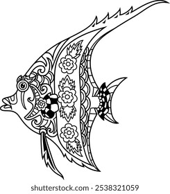 tattoo style black and white illustration of a fish art. Hand drawn fish tattoo. line drawing coloring book vector.