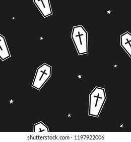 Tattoo Style Coffin white on black background. Seamless vector pattern, fully editable. Perfect for Halloween.