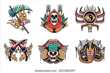 Tattoo style graphic set. Tattoo vector t-shirt designs bundle. Tattoo design for merch, tattoo illustration for print	
