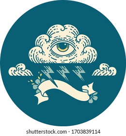 tattoo style icon with banner of an all seeing eye cloud