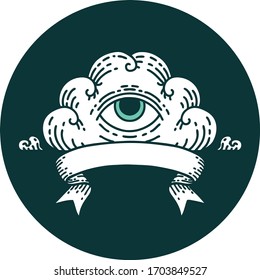 tattoo style icon with banner of an all seeing eye cloud