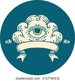 tattoo style icon with banner of an all seeing eye cloud