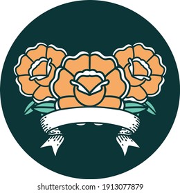 tattoo style icon with banner of a bouquet of flowers