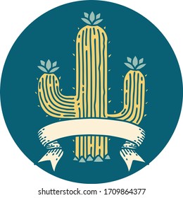 tattoo style icon with banner of a cactus