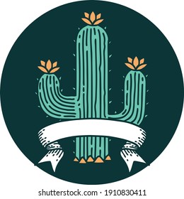 tattoo style icon with banner of a cactus