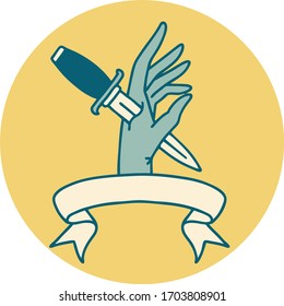 tattoo style icon with banner of a dagger in the hand