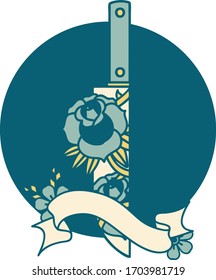 tattoo style icon with banner of a dagger and flowers
