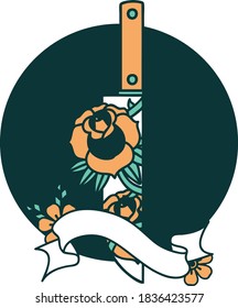 icono de estilo tatuado con pancarta de una daga y flores