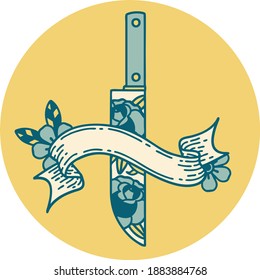 icono de estilo tatuado con pancarta de una daga y flores