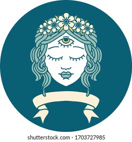 tattoo style icon with banner of female face with third eye and crown of flowers