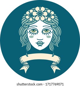 tattoo style icon with banner of female face with crown of flowers