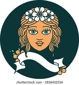 tattoo style icon with banner of female face with crown of flowers