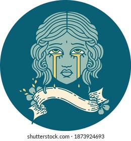 tattoo style icon with banner of female face crying
