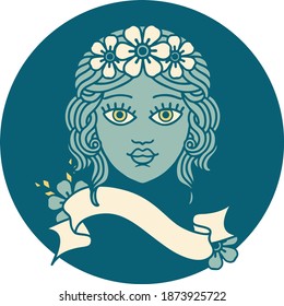 tattoo style icon with banner of female face with crown of flowers