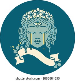 tattoo style icon with banner of female face with mystic third eye crying