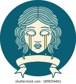 tattoo style icon with banner of female face crying