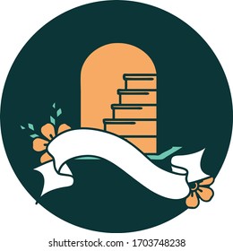tattoo style icon with banner of a grave stone