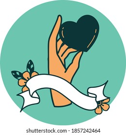 tattoo style icon with banner of a hand holding a heart
