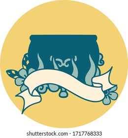 tattoo style icon with banner of a lit cauldron