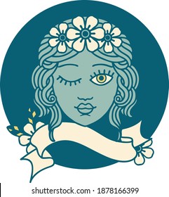 tattoo style icon with banner of a maidens face winking
