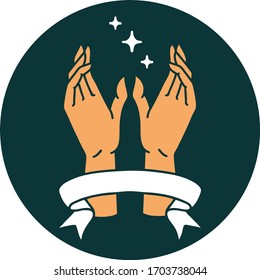tattoo style icon with banner of mystic hands