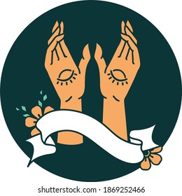 tattoo style icon with banner of mystic hands
