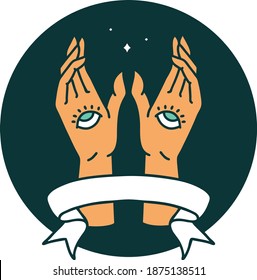 tattoo style icon with banner of mystic hands