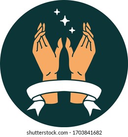tattoo style icon with banner of reaching hands