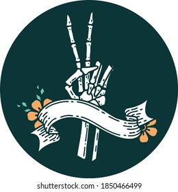 tattoo style icon with banner of a skeleton giving a peace sign 