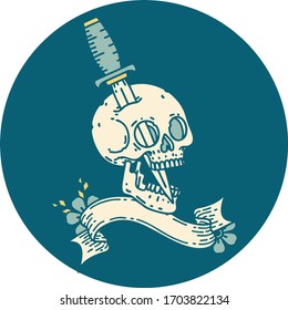 tattoo style icon with banner of a skull