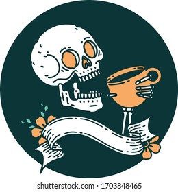 tattoo style icon with banner of a skull drinking coffee