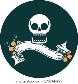 tattoo style icon with banner of a skull