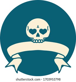 tattoo style icon with banner of a skull