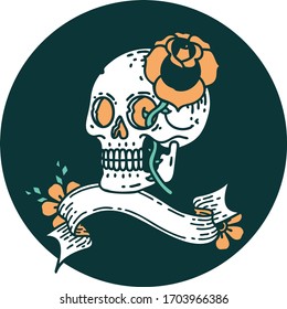 tattoo style icon with banner of a skull and rose