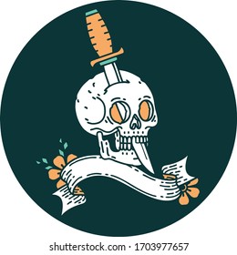 tattoo style icon with banner of a skull
