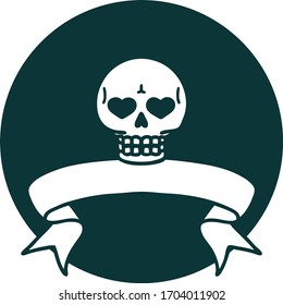 tattoo style icon with banner of a skull