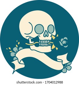 tattoo style icon with banner of a skull