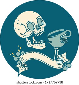 tattoo style icon with banner of a skull drinking coffee