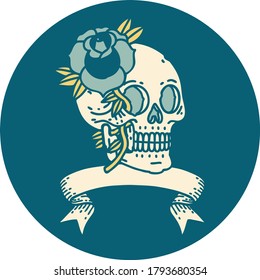 tattoo style icon with banner of a skull and rose
