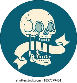 tattoo style icon with banner of a skull