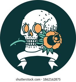 tattoo style icon with banner of a skull and rose