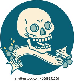 tattoo style icon with banner of a skull