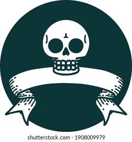 tattoo style icon with banner of a skull