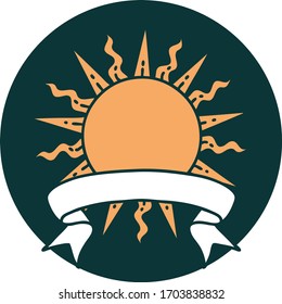 tattoo style icon with banner of a sun